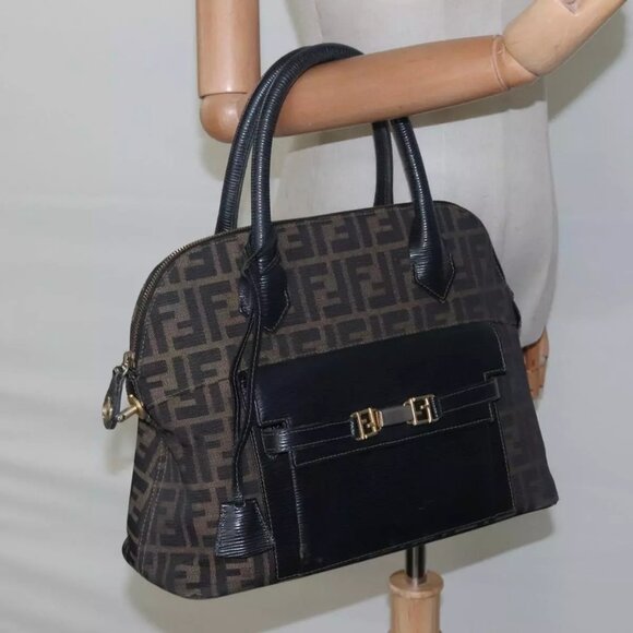 FENDI Zucca Canvas Hand Bag Brown Black Auth
